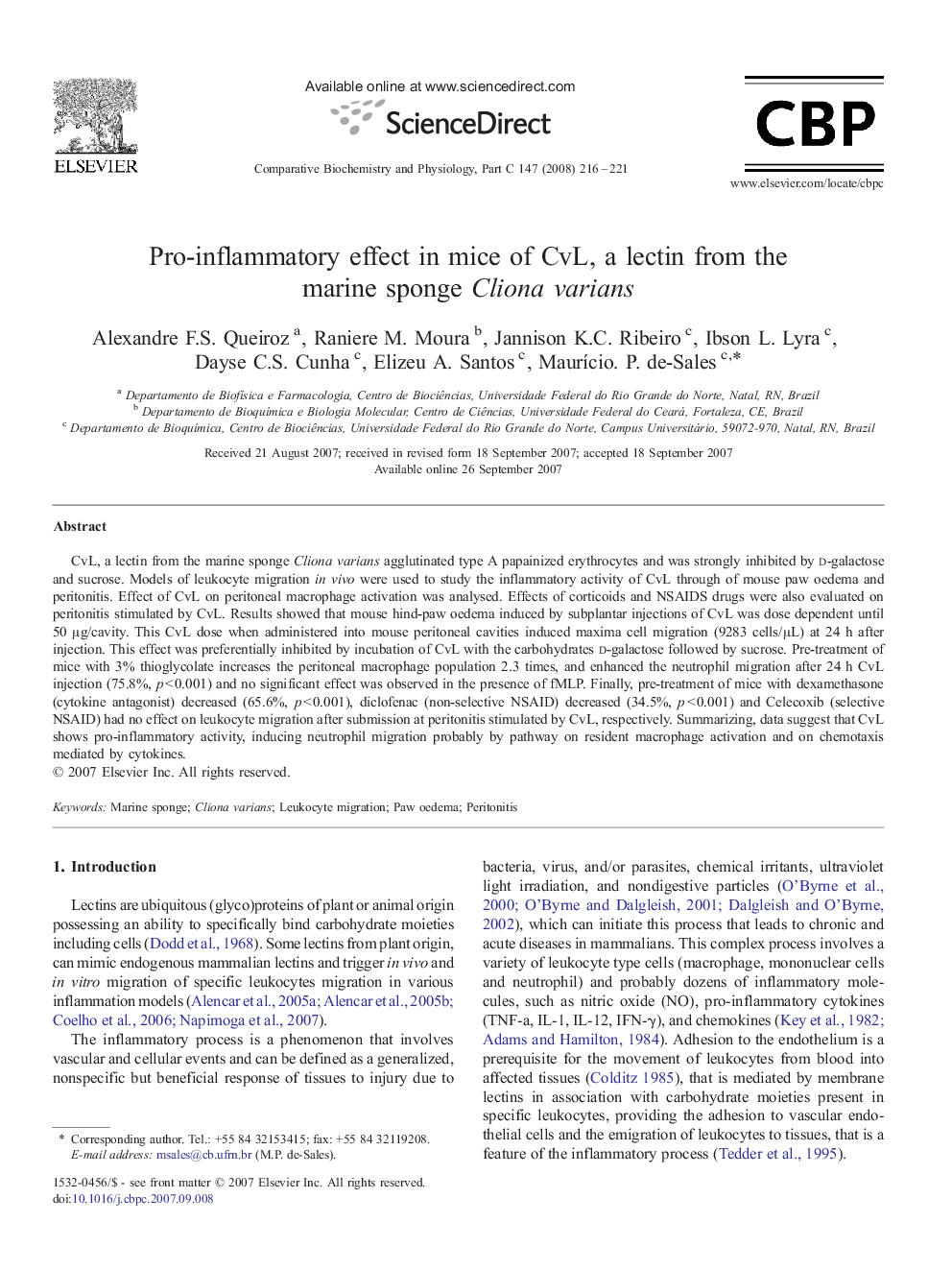 Pro-inflammatory effect in mice of CvL, a lectin from the marine sponge Cliona varians