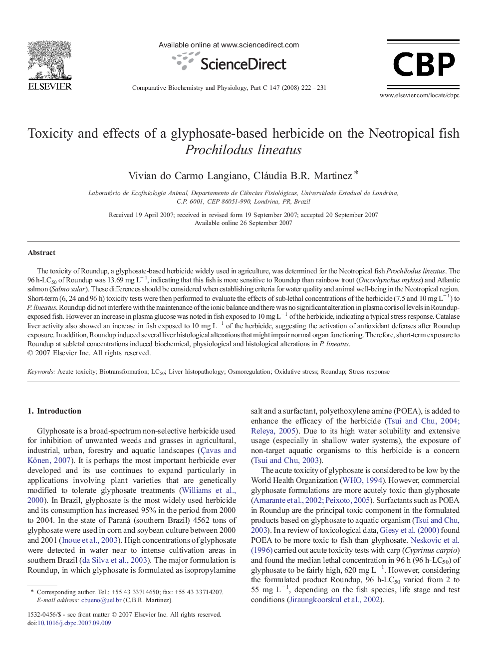 Toxicity and effects of a glyphosate-based herbicide on the Neotropical fish Prochilodus lineatus