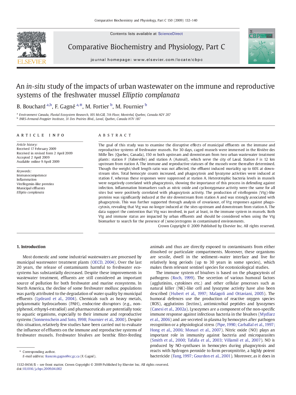 An in-situ study of the impacts of urban wastewater on the immune and reproductive systems of the freshwater mussel Elliptio complanata