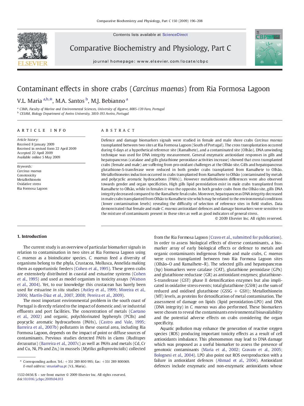 Contaminant effects in shore crabs (Carcinus maenas) from Ria Formosa Lagoon