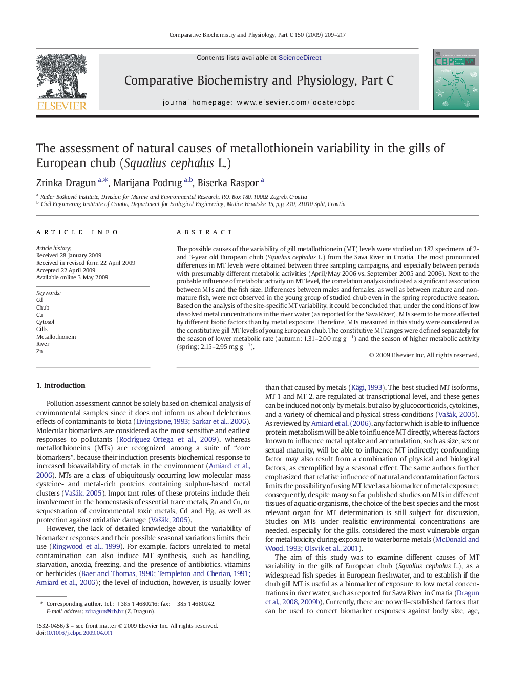 The assessment of natural causes of metallothionein variability in the gills of European chub (Squaliuscephalus L.)