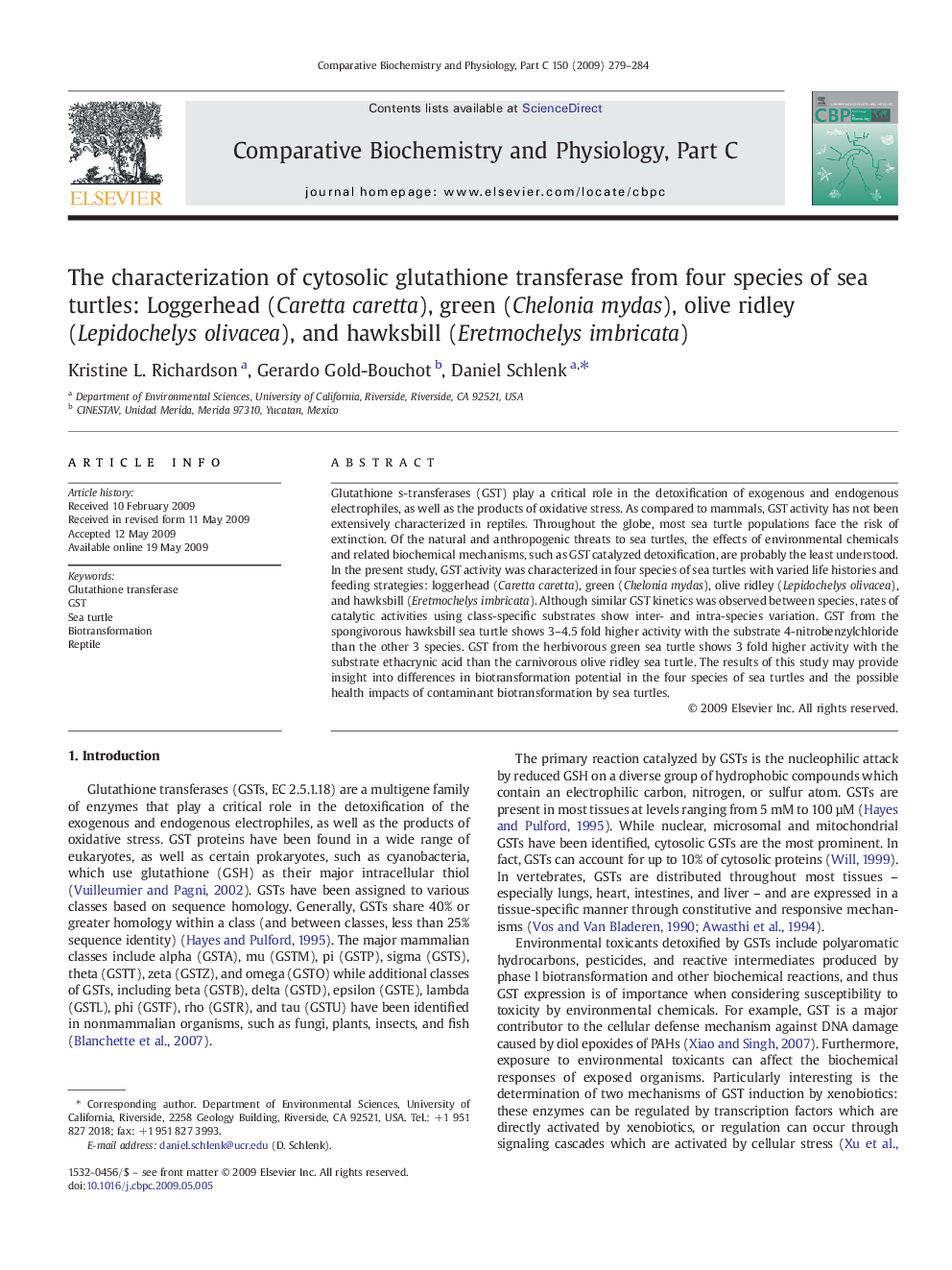 The characterization of cytosolic glutathione transferase from four species of sea turtles: Loggerhead (Caretta caretta), green (Chelonia mydas), olive ridley (Lepidochelys olivacea), and hawksbill (Eretmochelys imbricata)