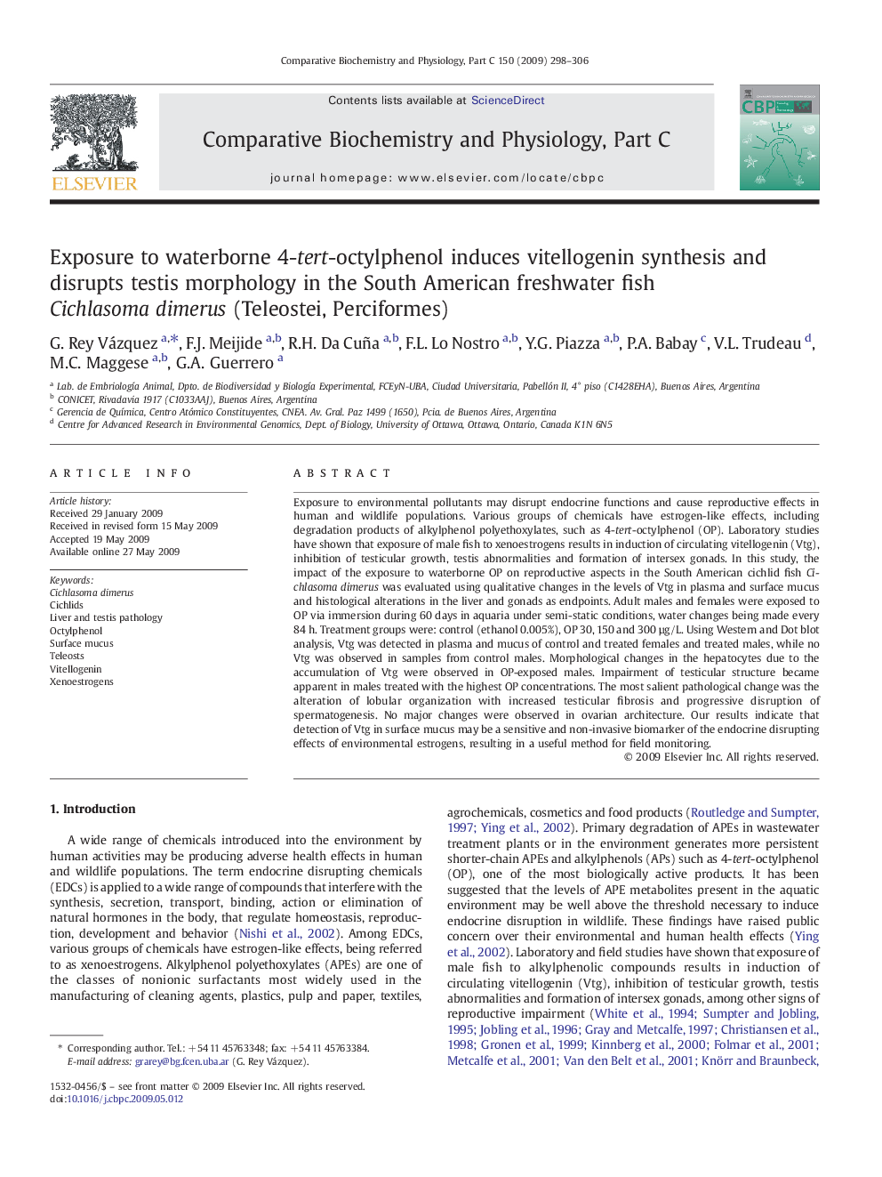 Exposure to waterborne 4-tert-octylphenol induces vitellogenin synthesis and disrupts testis morphology in the South American freshwater fish Cichlasoma dimerus (Teleostei, Perciformes)