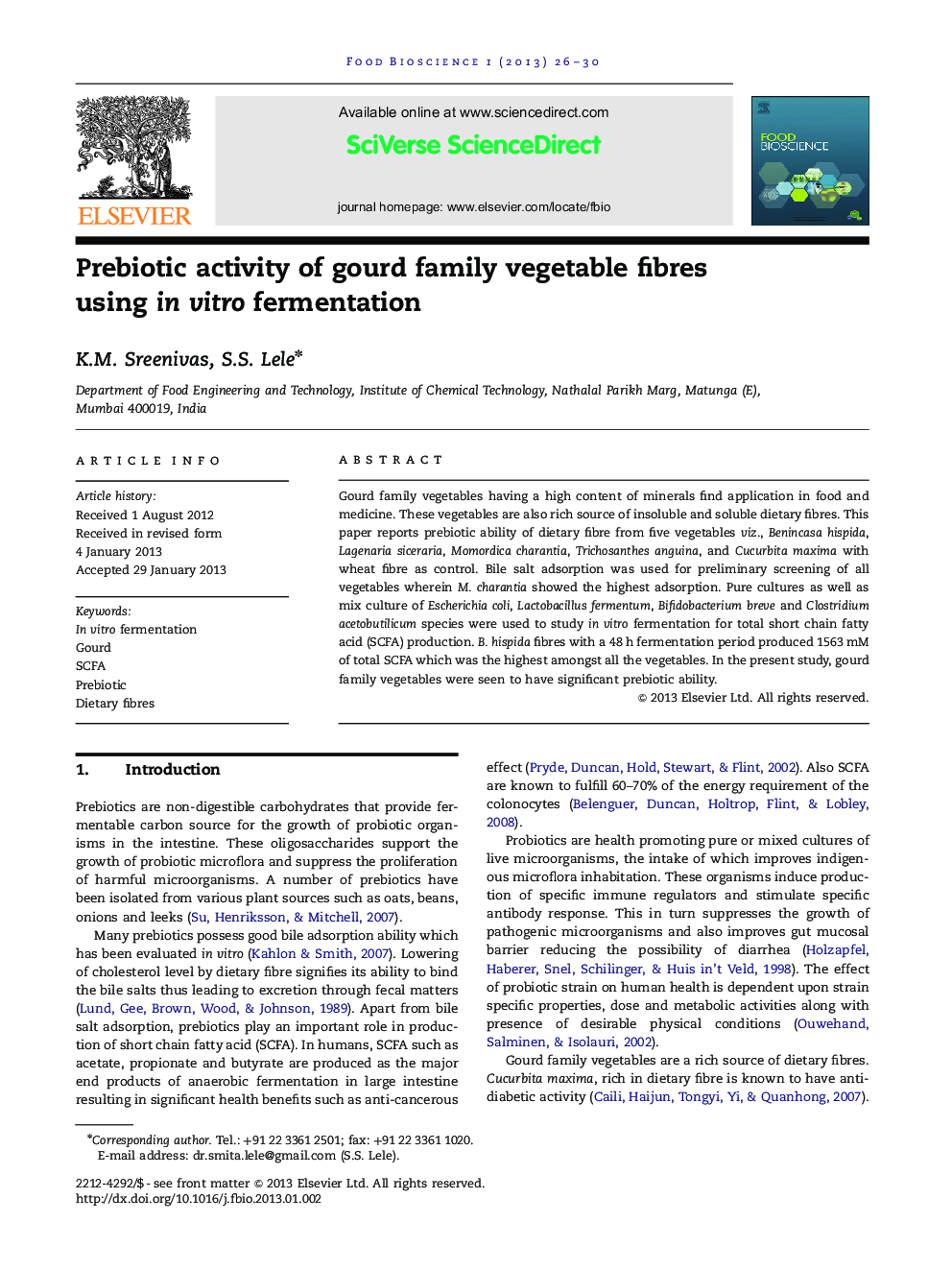 Prebiotic activity of gourd family vegetable fibres using in vitro fermentation