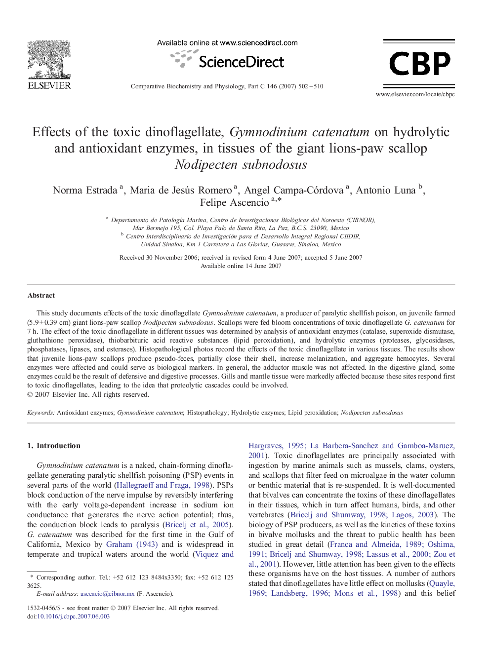 Effects of the toxic dinoflagellate, Gymnodinium catenatum on hydrolytic and antioxidant enzymes, in tissues of the giant lions-paw scallop Nodipecten subnodosus