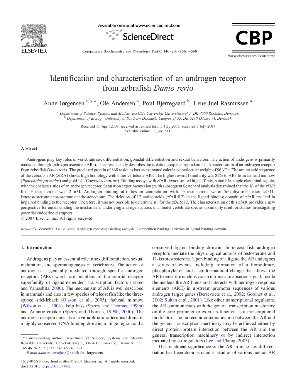 Identification and characterisation of an androgen receptor from zebrafish Danio rerio