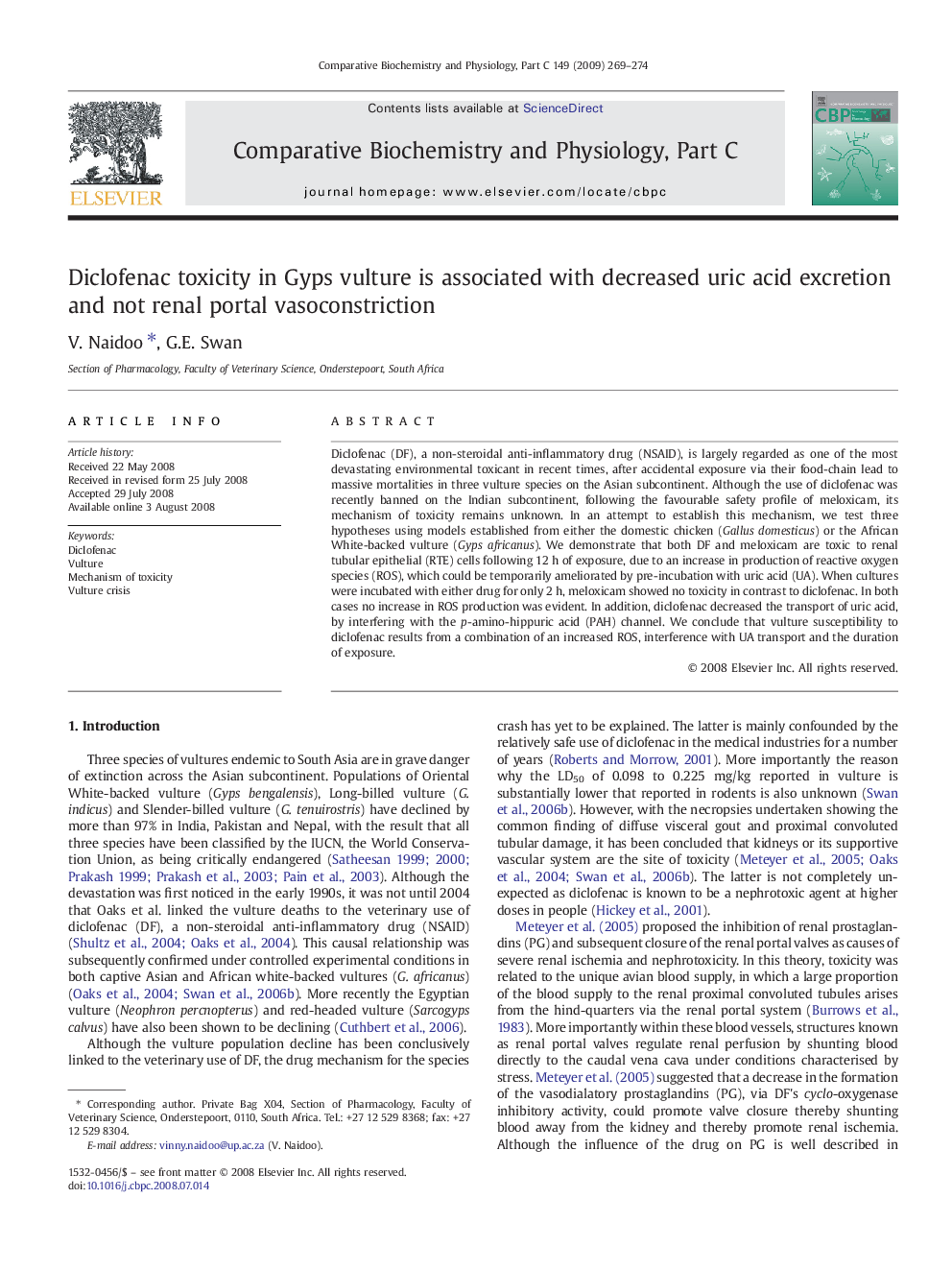 Diclofenac toxicity in Gyps vulture is associated with decreased uric acid excretion and not renal portal vasoconstriction