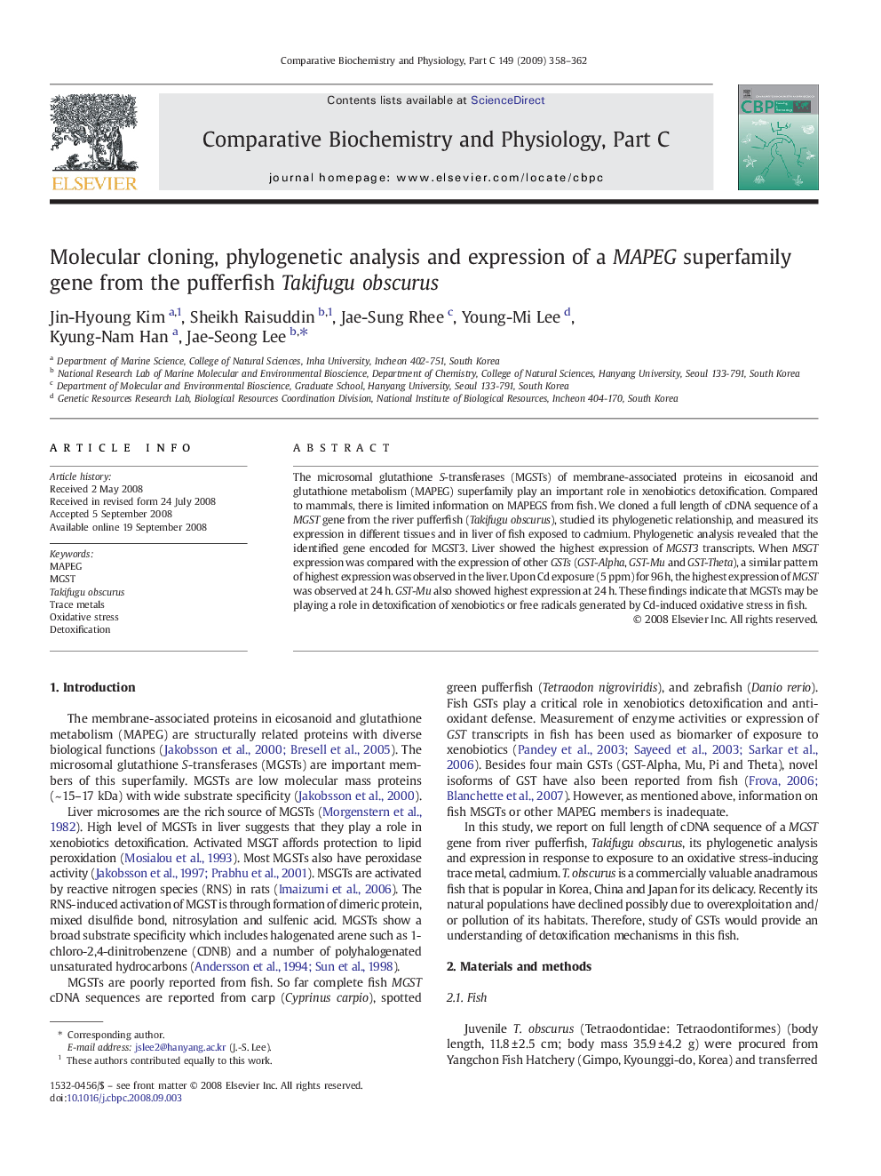 Molecular cloning, phylogenetic analysis and expression of a MAPEG superfamily gene from the pufferfish Takifugu obscurus