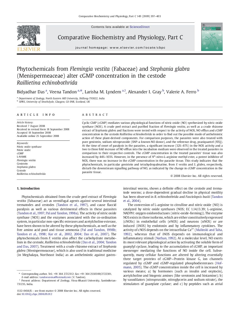 Phytochemicals from Flemingia vestita (Fabaceae) and Stephania glabra (Menispermeaceae) alter cGMP concentration in the cestode Raillietina echinobothrida