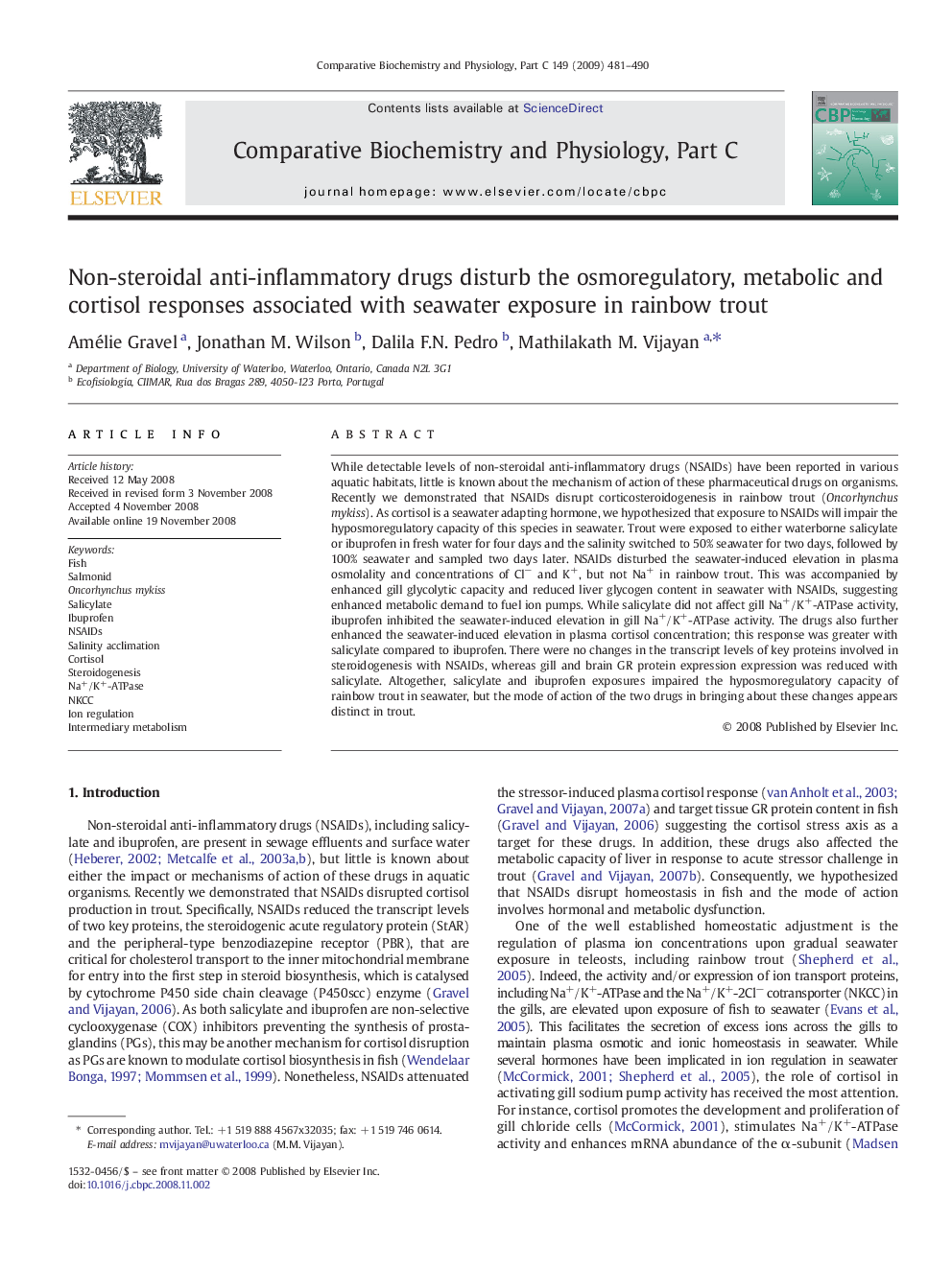 Non-steroidal anti-inflammatory drugs disturb the osmoregulatory, metabolic and cortisol responses associated with seawater exposure in rainbow trout