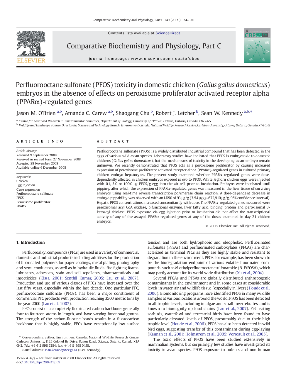 Perfluorooctane sulfonate (PFOS) toxicity in domestic chicken (Gallus gallus domesticus) embryos in the absence of effects on peroxisome proliferator activated receptor alpha (PPARα)-regulated genes