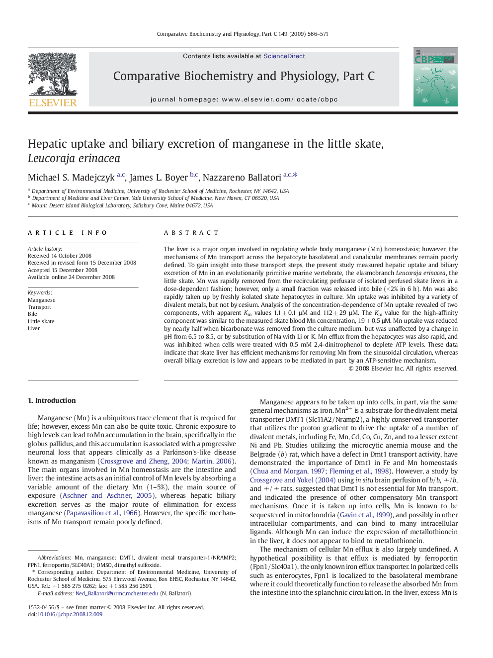 Hepatic uptake and biliary excretion of manganese in the little skate, Leucoraja erinacea