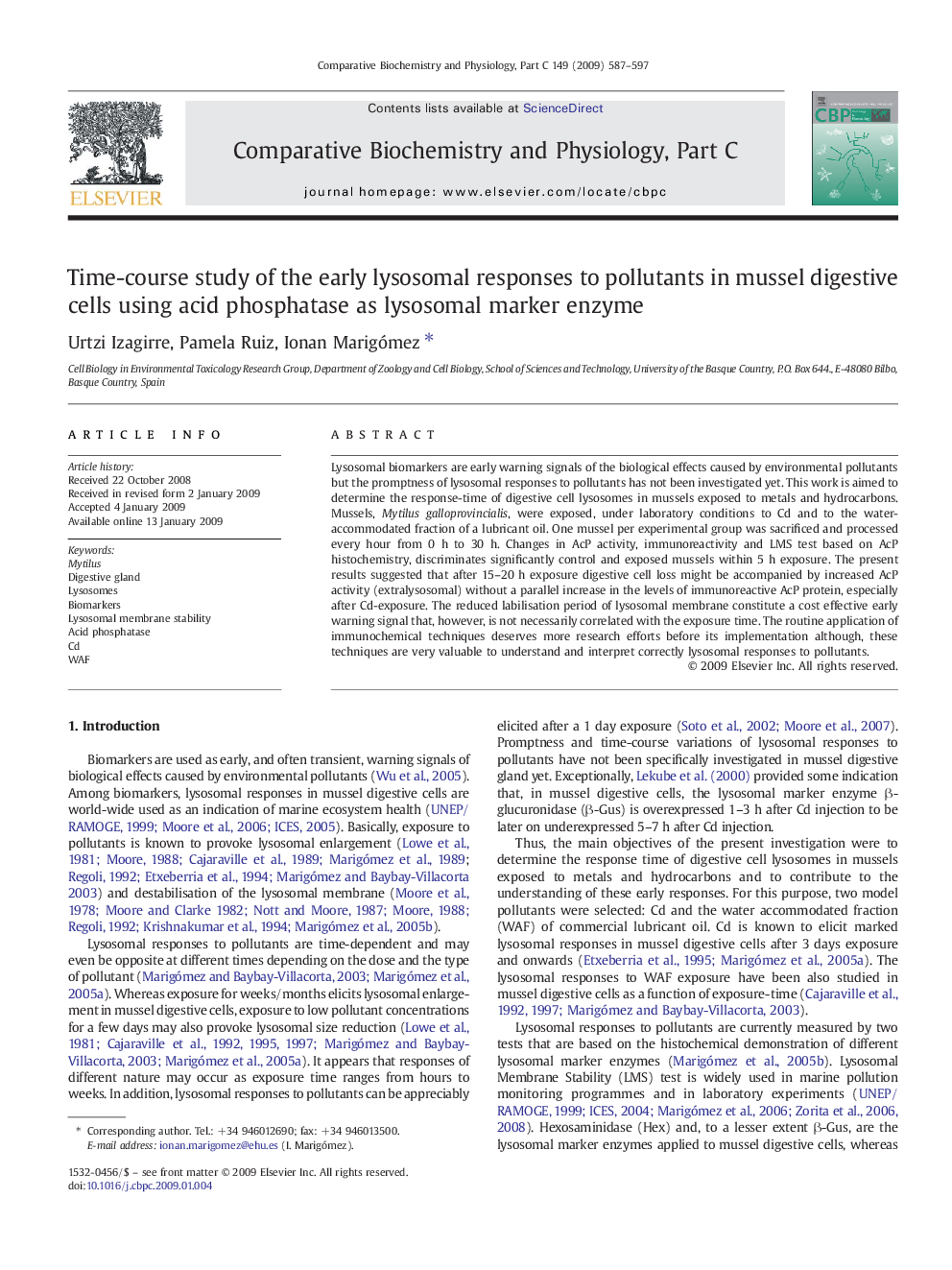 Time-course study of the early lysosomal responses to pollutants in mussel digestive cells using acid phosphatase as lysosomal marker enzyme