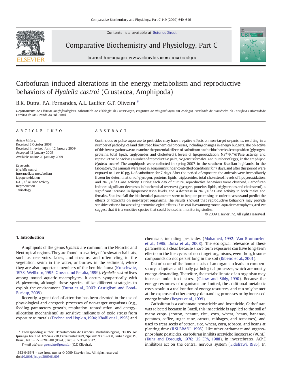 Carbofuran-induced alterations in the energy metabolism and reproductive behaviors of Hyalella castroi (Crustacea, Amphipoda)