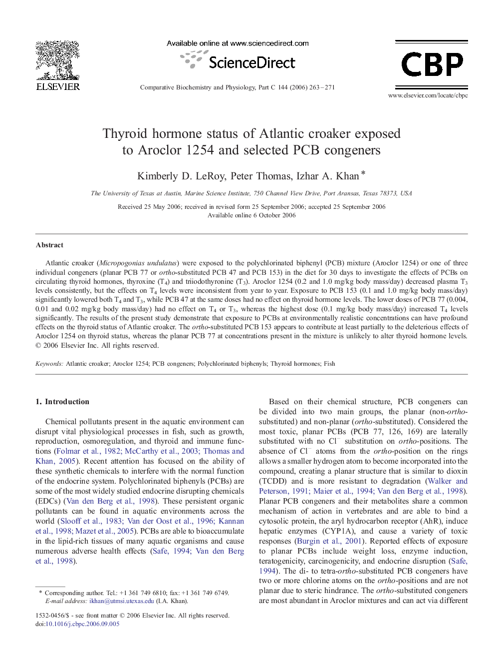 Thyroid hormone status of Atlantic croaker exposed to Aroclor 1254 and selected PCB congeners