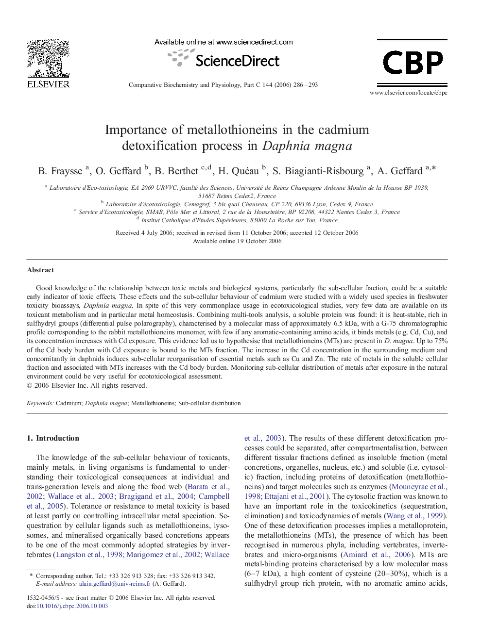 Importance of metallothioneins in the cadmium detoxification process in Daphnia magna