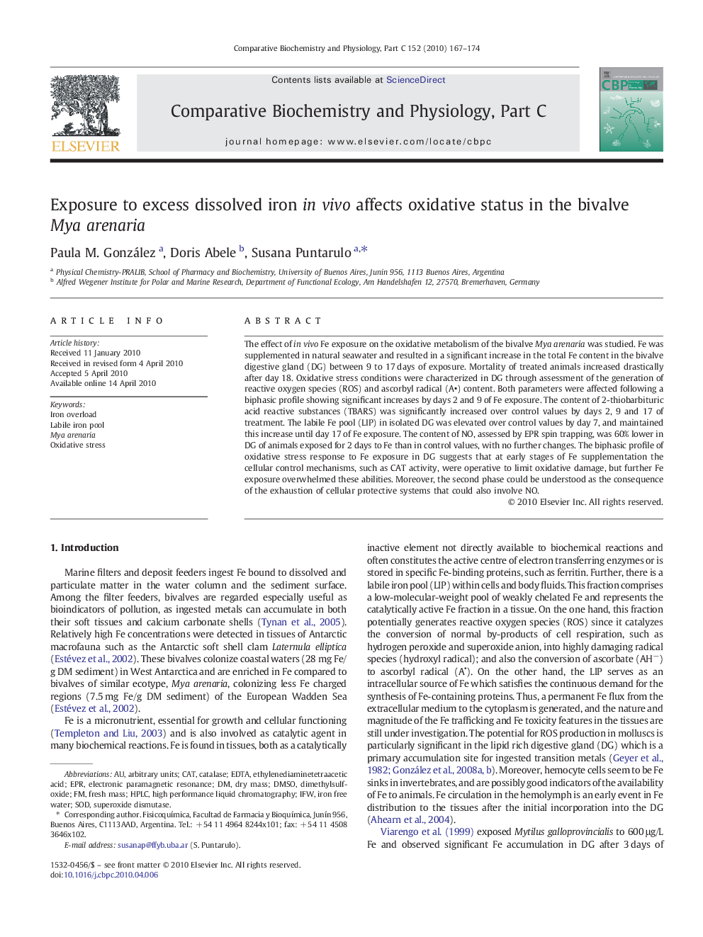 Exposure to excess dissolved iron in vivo affects oxidative status in the bivalve Mya arenaria