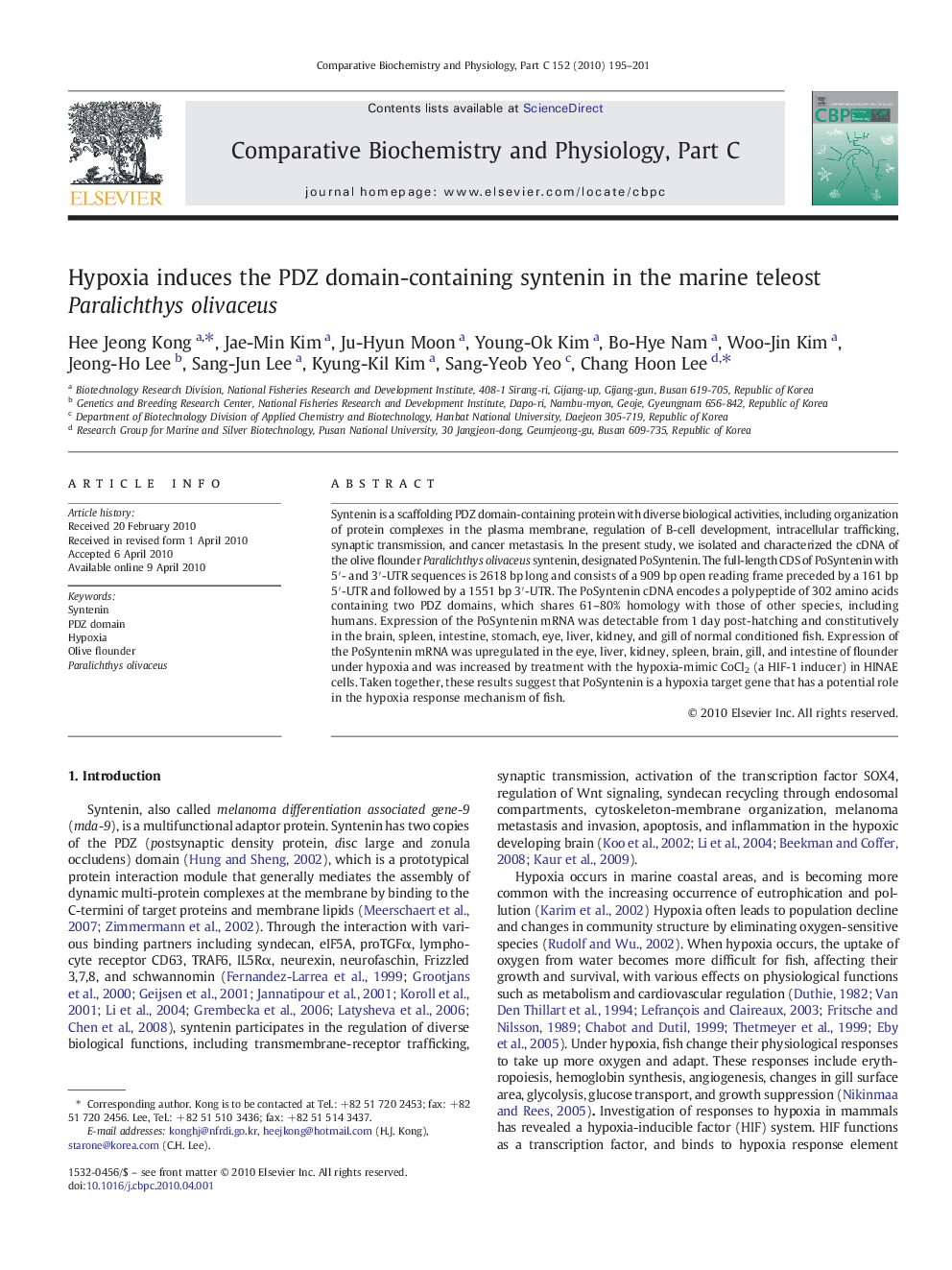 Hypoxia induces the PDZ domain-containing syntenin in the marine teleost Paralichthys olivaceus