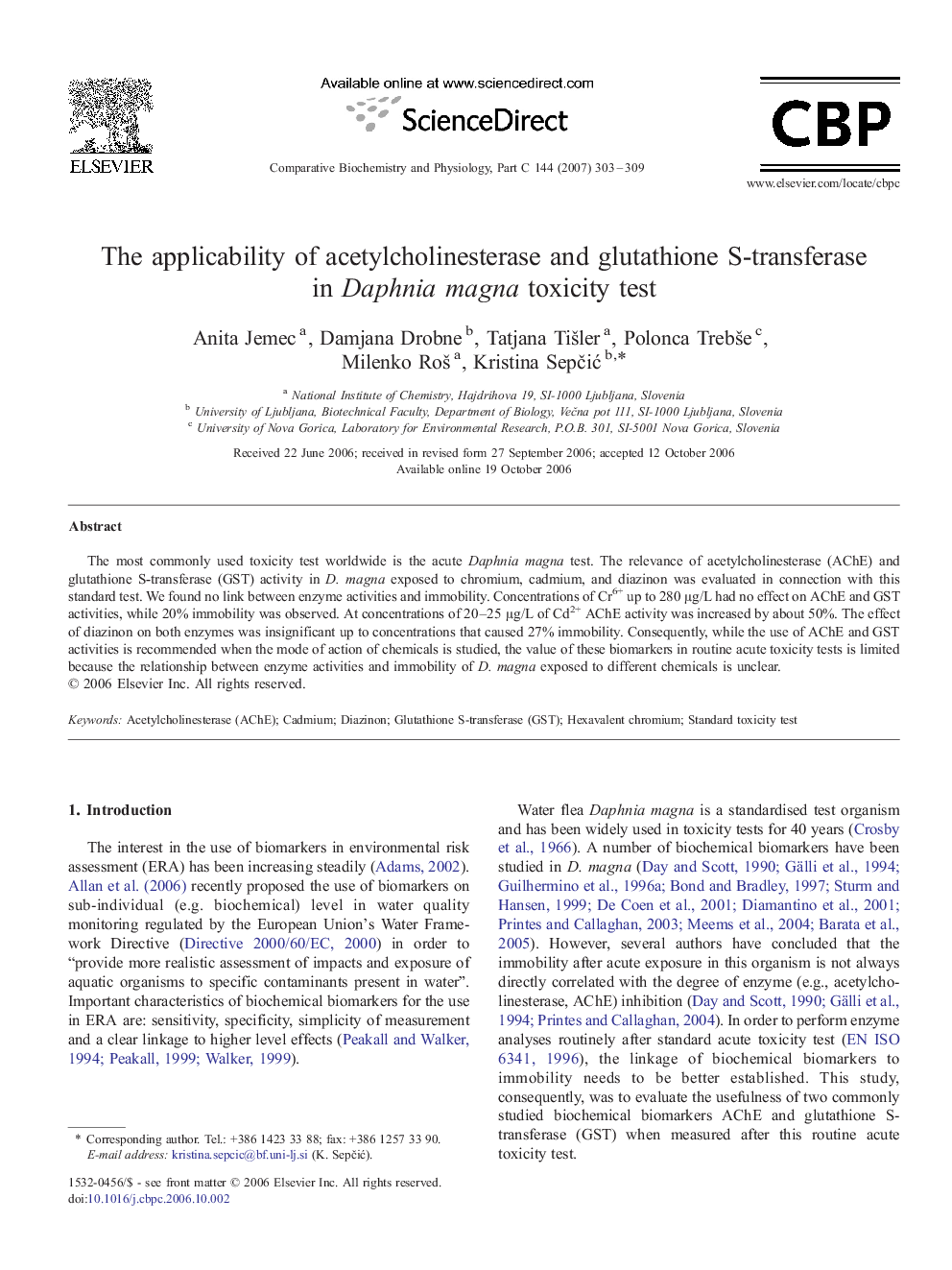 The applicability of acetylcholinesterase and glutathione S-transferase in Daphnia magna toxicity test