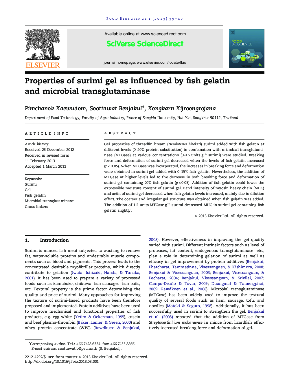 Properties of surimi gel as influenced by fish gelatin and microbial transglutaminase