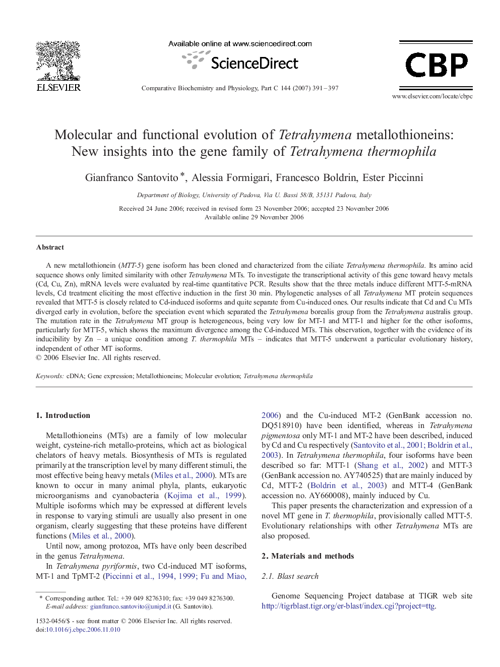 Molecular and functional evolution of Tetrahymena metallothioneins: New insights into the gene family of Tetrahymena thermophila