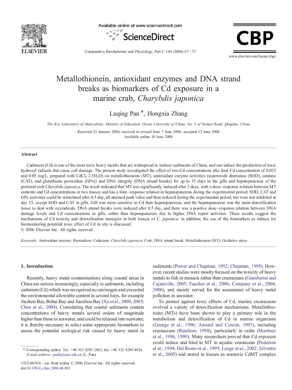 Metallothionein, antioxidant enzymes and DNA strand breaks as biomarkers of Cd exposure in a marine crab, Charybdis japonica