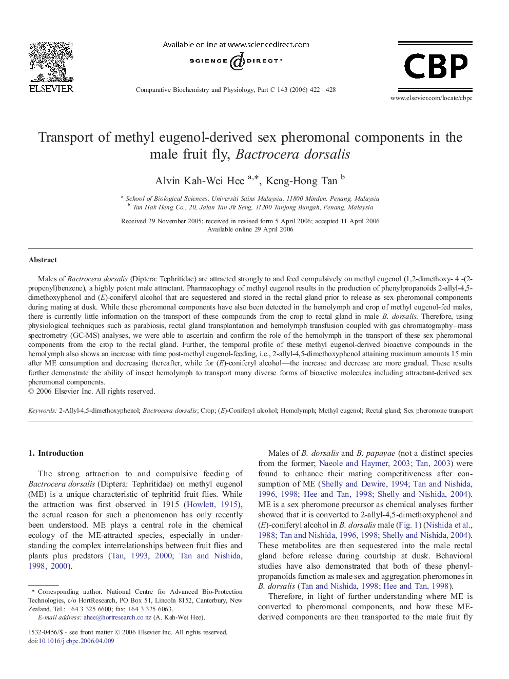 Transport of methyl eugenol-derived sex pheromonal components in the male fruit fly, Bactrocera dorsalis