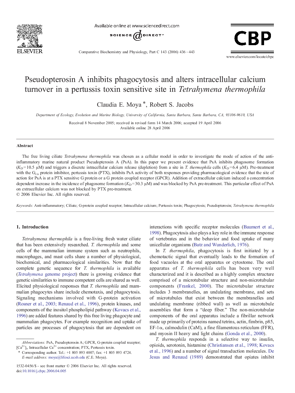 Pseudopterosin A inhibits phagocytosis and alters intracellular calcium turnover in a pertussis toxin sensitive site in Tetrahymena thermophila