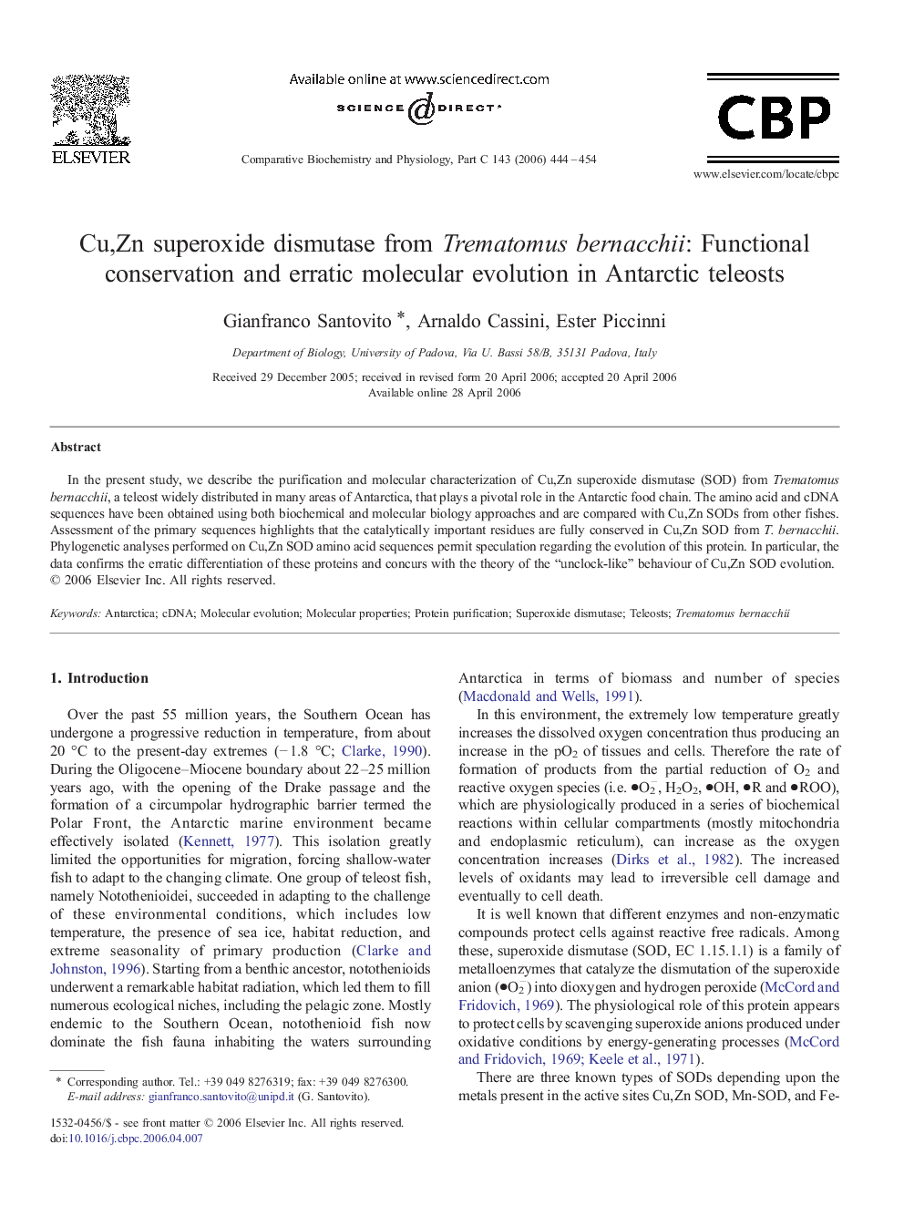 Cu,Zn superoxide dismutase from Trematomus bernacchii: Functional conservation and erratic molecular evolution in Antarctic teleosts