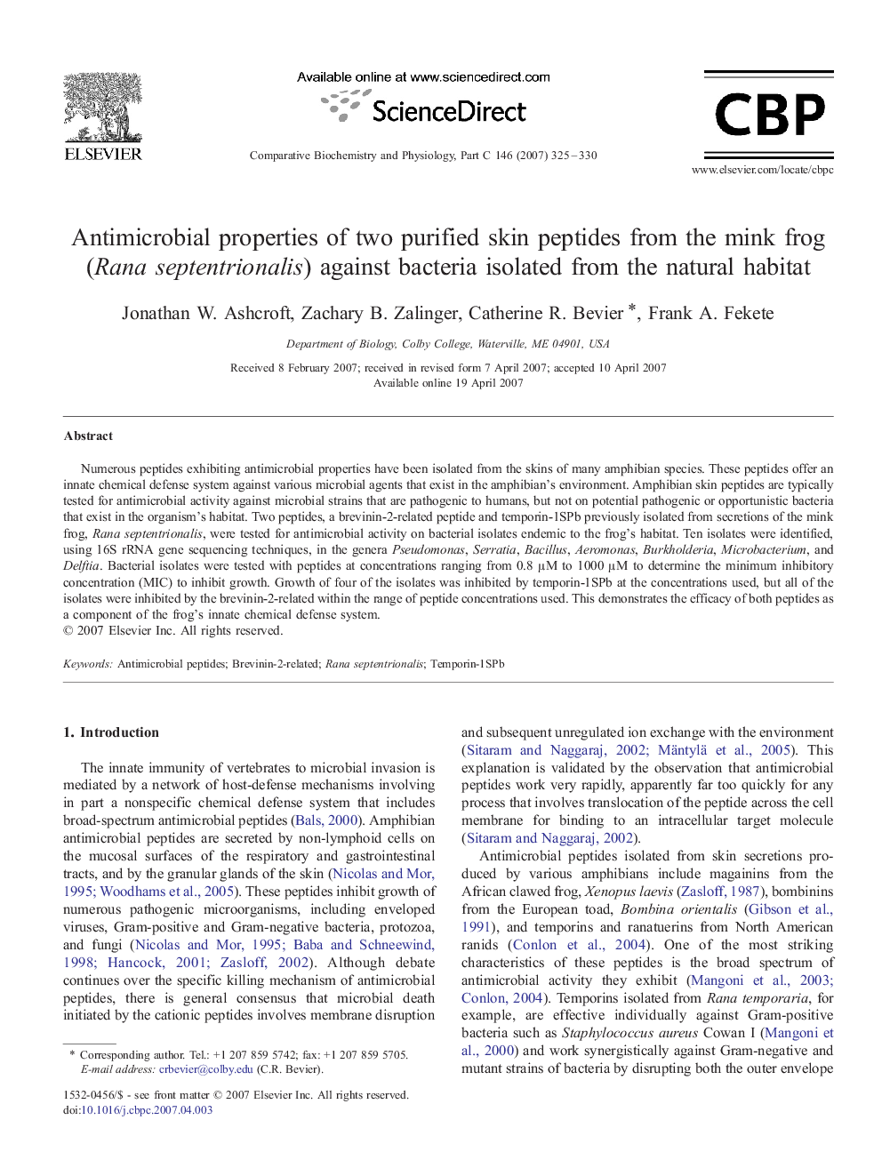 عکس صفحه اول مقاله: Antimicrobial properties of two purified skin peptides from the mink frog (Rana septentrionalis) against bacteria isolated from the natural habitat Antimicrobial properties of two purified skin peptides from the mink frog (Rana septentrionalis) against bacteria isolated from the natural habitat