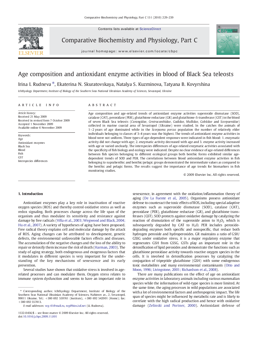 Age composition and antioxidant enzyme activities in blood of Black Sea teleosts