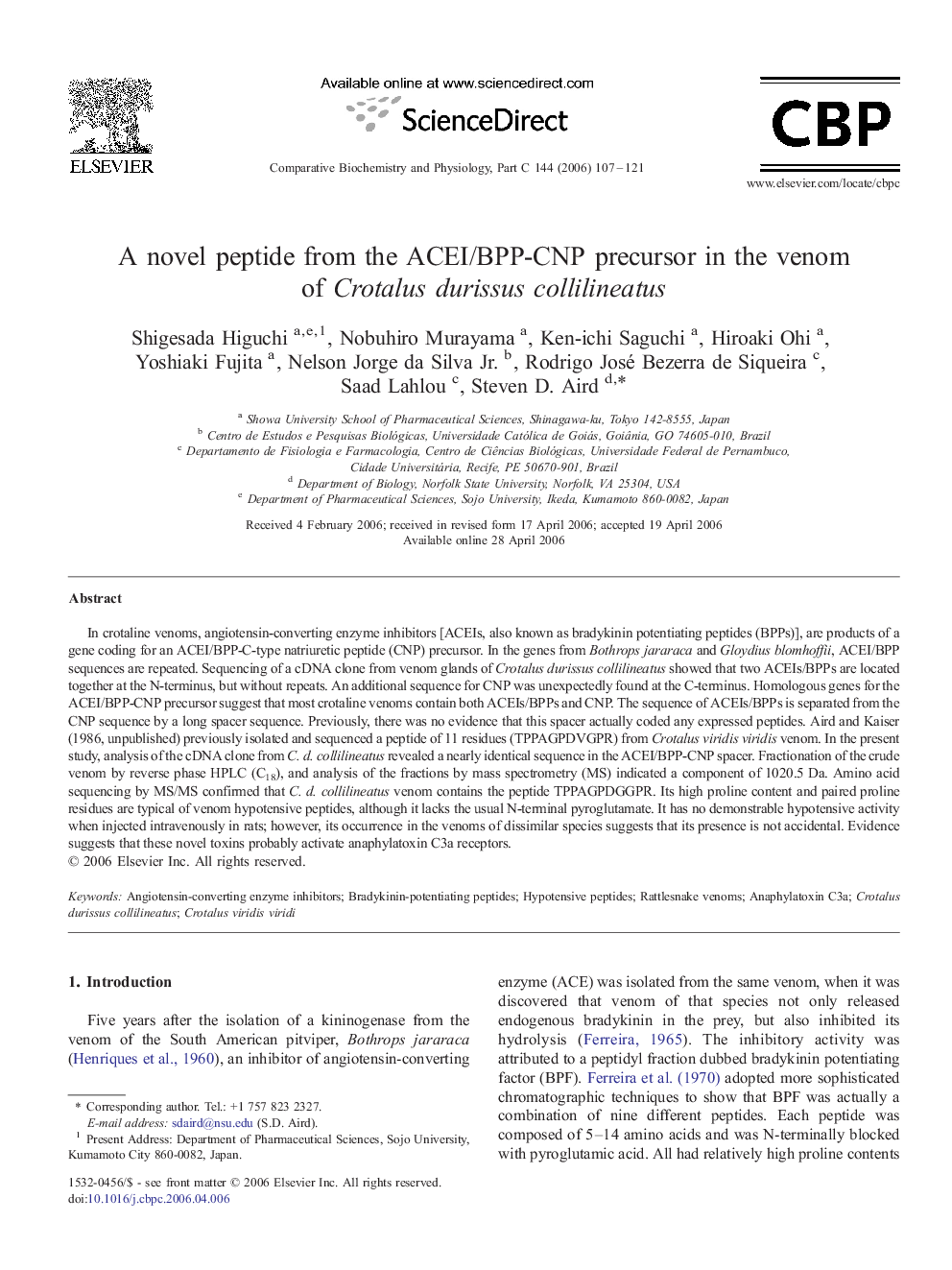 A novel peptide from the ACEI/BPP-CNP precursor in the venom of Crotalus durissus collilineatus