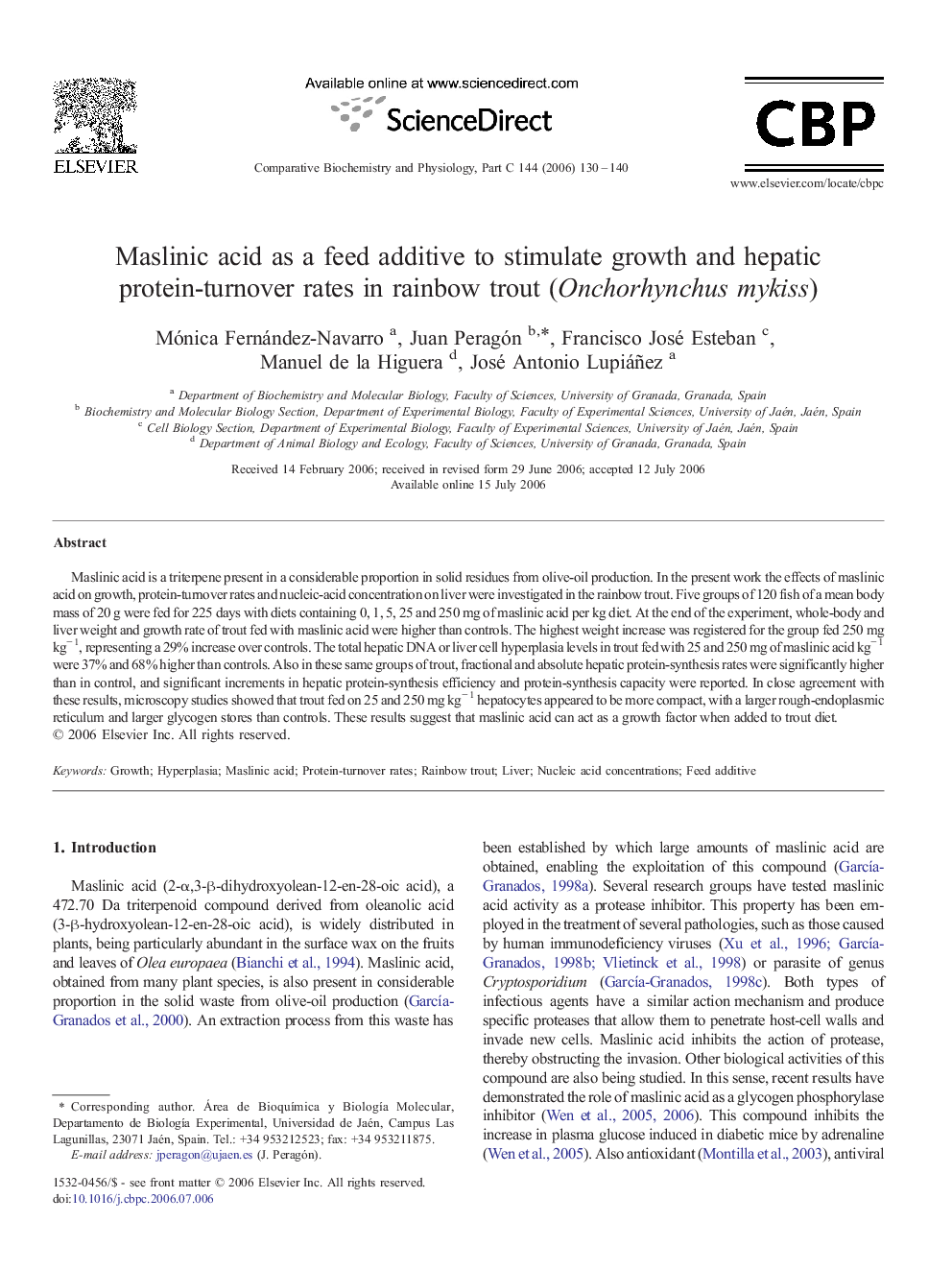 Maslinic acid as a feed additive to stimulate growth and hepatic protein-turnover rates in rainbow trout (Onchorhynchus mykiss)