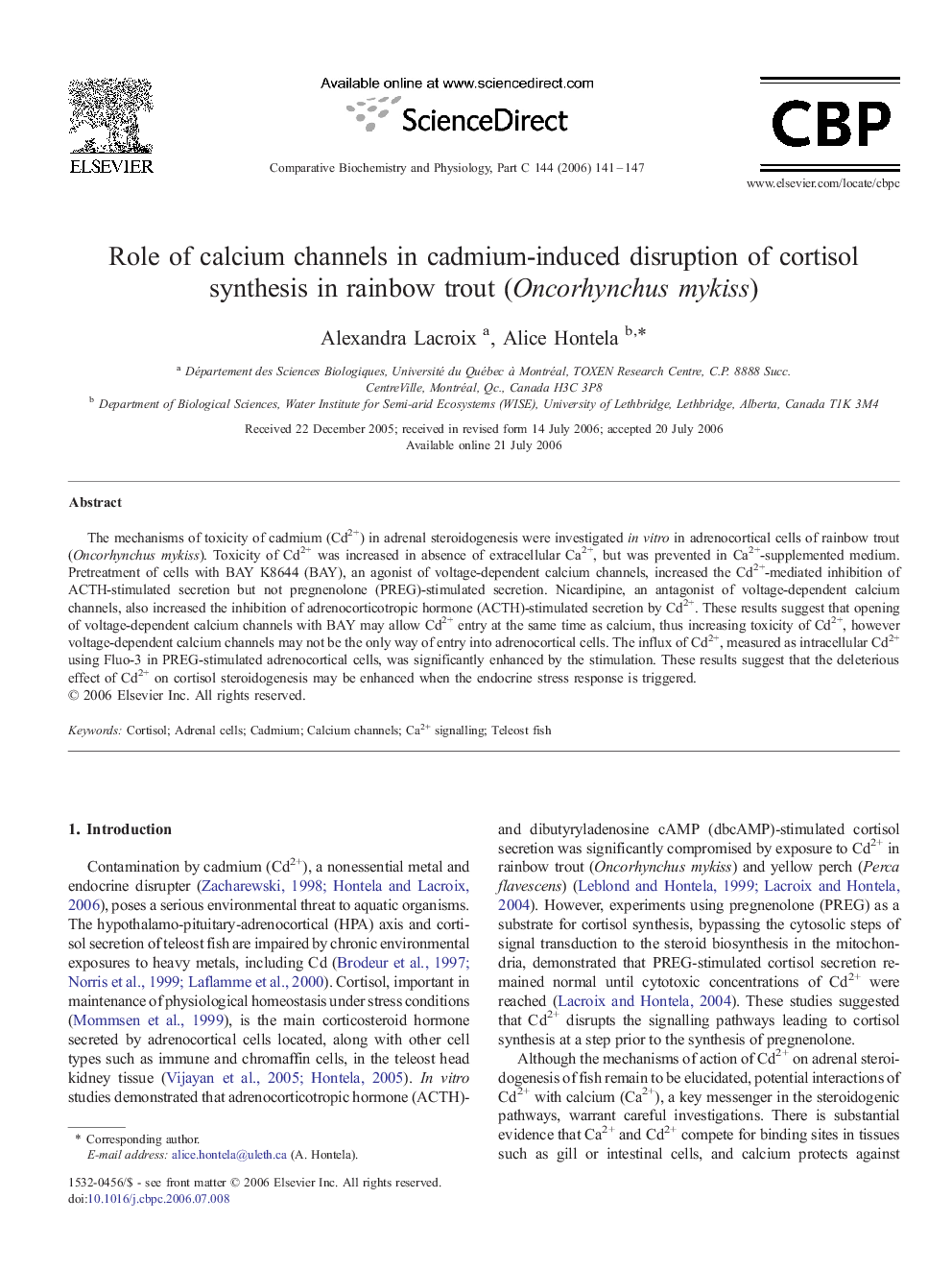 Role of calcium channels in cadmium-induced disruption of cortisol synthesis in rainbow trout (Oncorhynchus mykiss)