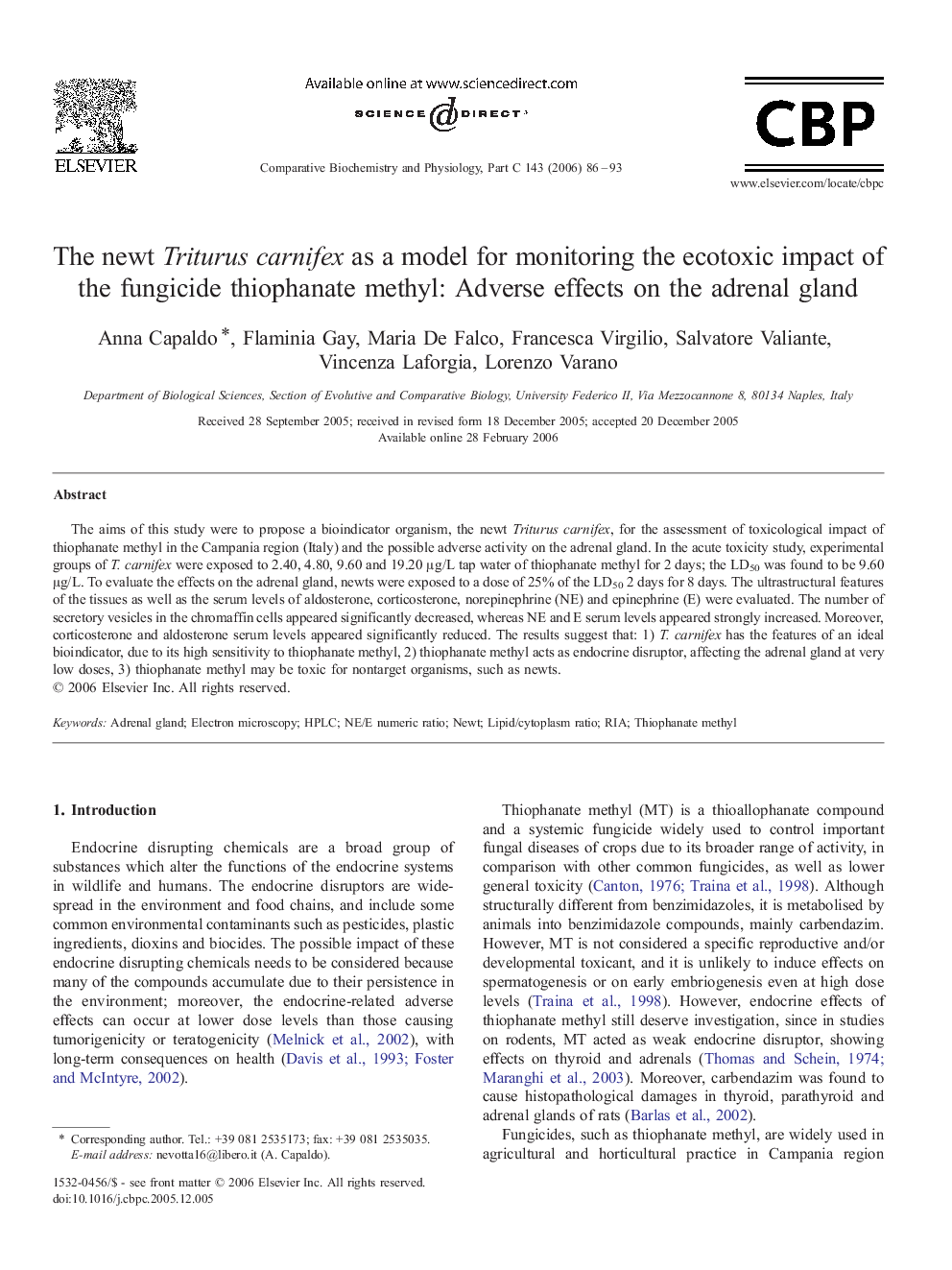 The newt Triturus carnifex as a model for monitoring the ecotoxic impact of the fungicide thiophanate methyl: Adverse effects on the adrenal gland