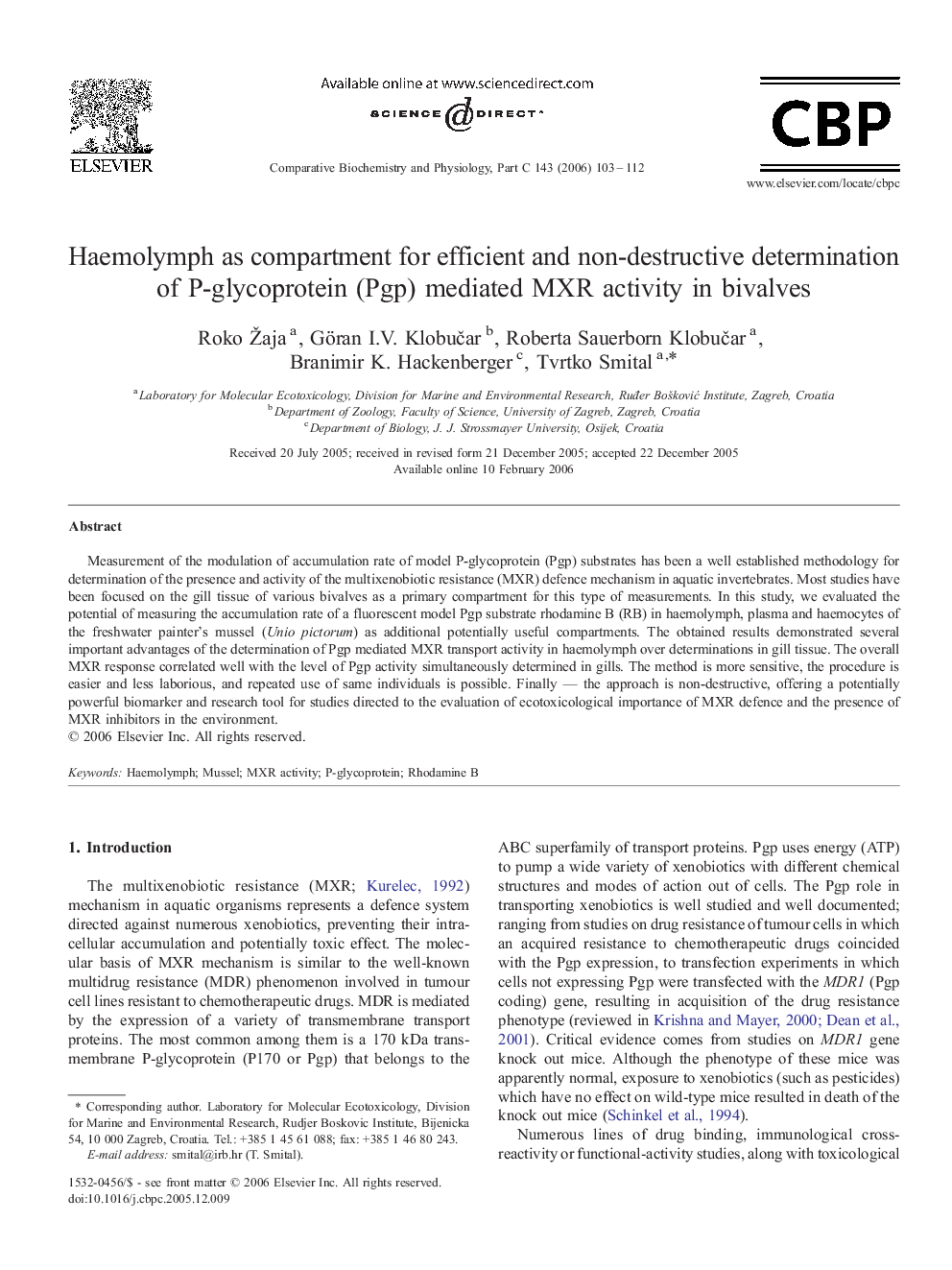 Haemolymph as compartment for efficient and non-destructive determination of P-glycoprotein (Pgp) mediated MXR activity in bivalves