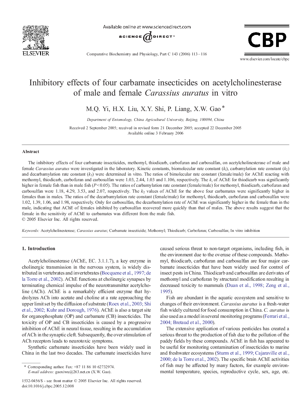 Inhibitory effects of four carbamate insecticides on acetylcholinesterase of male and female Carassius auratus in vitro