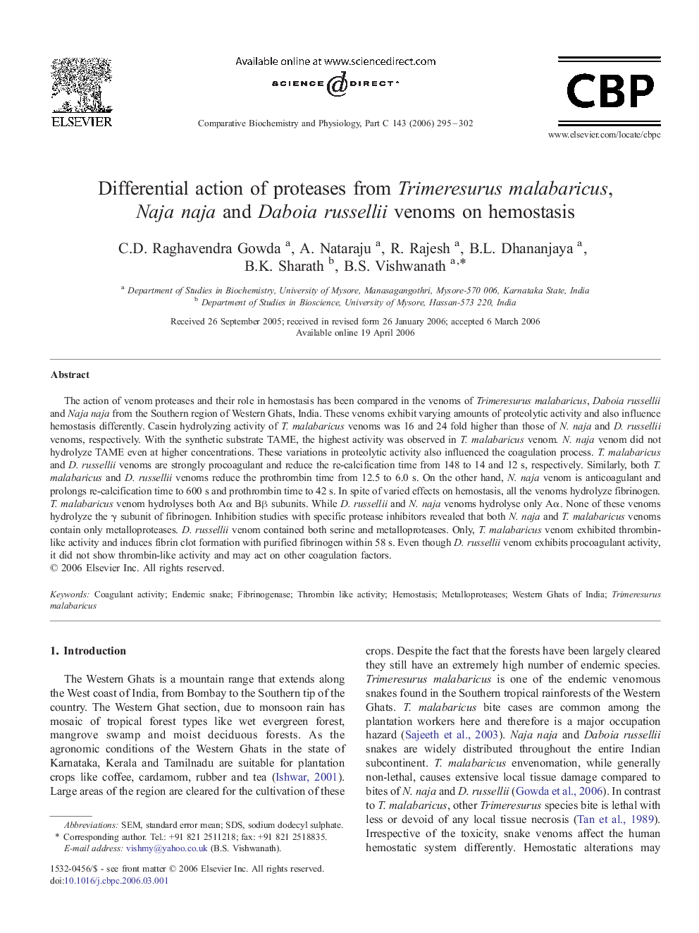 Differential action of proteases from Trimeresurus malabaricus, Naja naja and Daboia russellii venoms on hemostasis