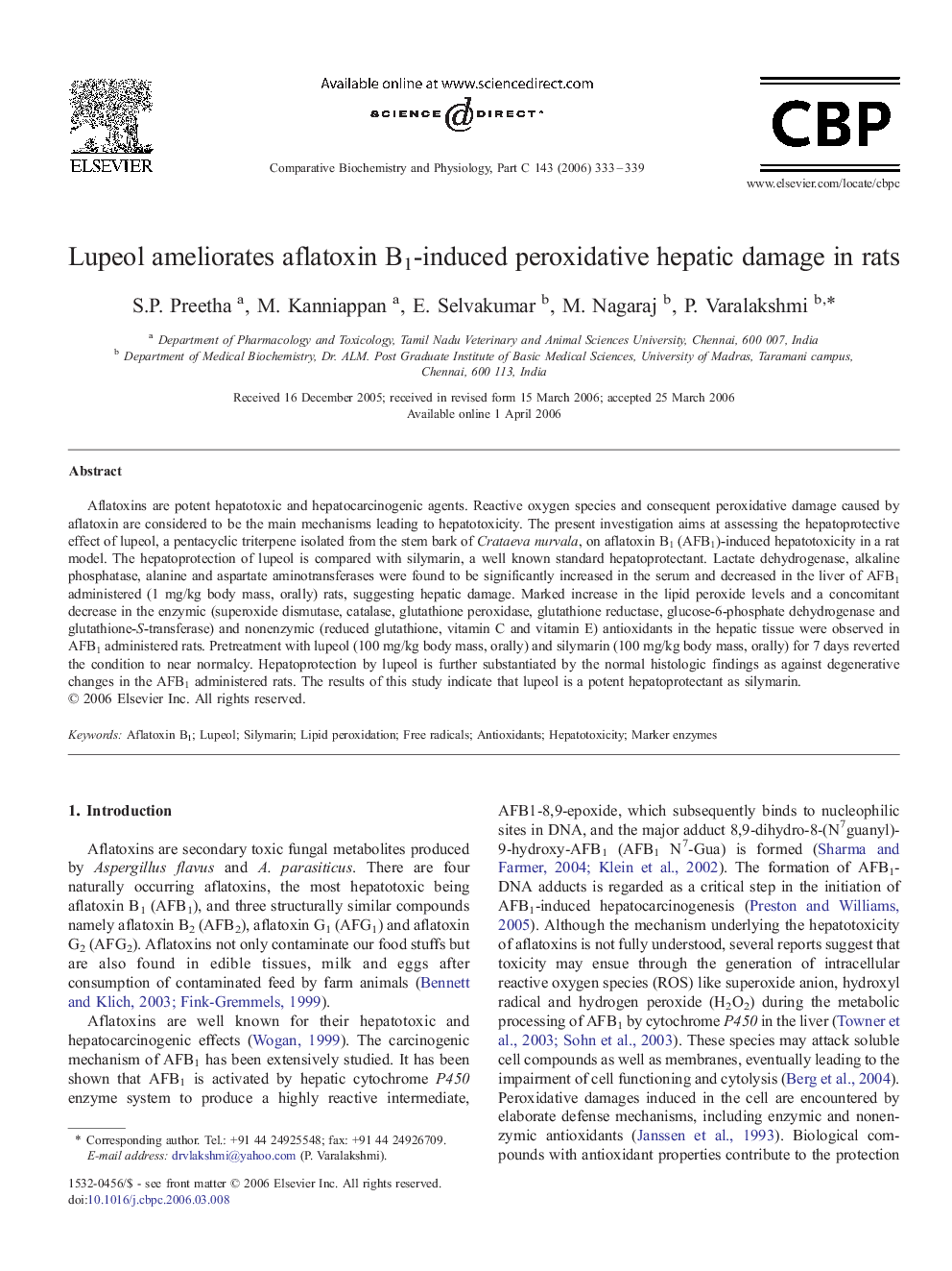 Lupeol ameliorates aflatoxin B1-induced peroxidative hepatic damage in rats