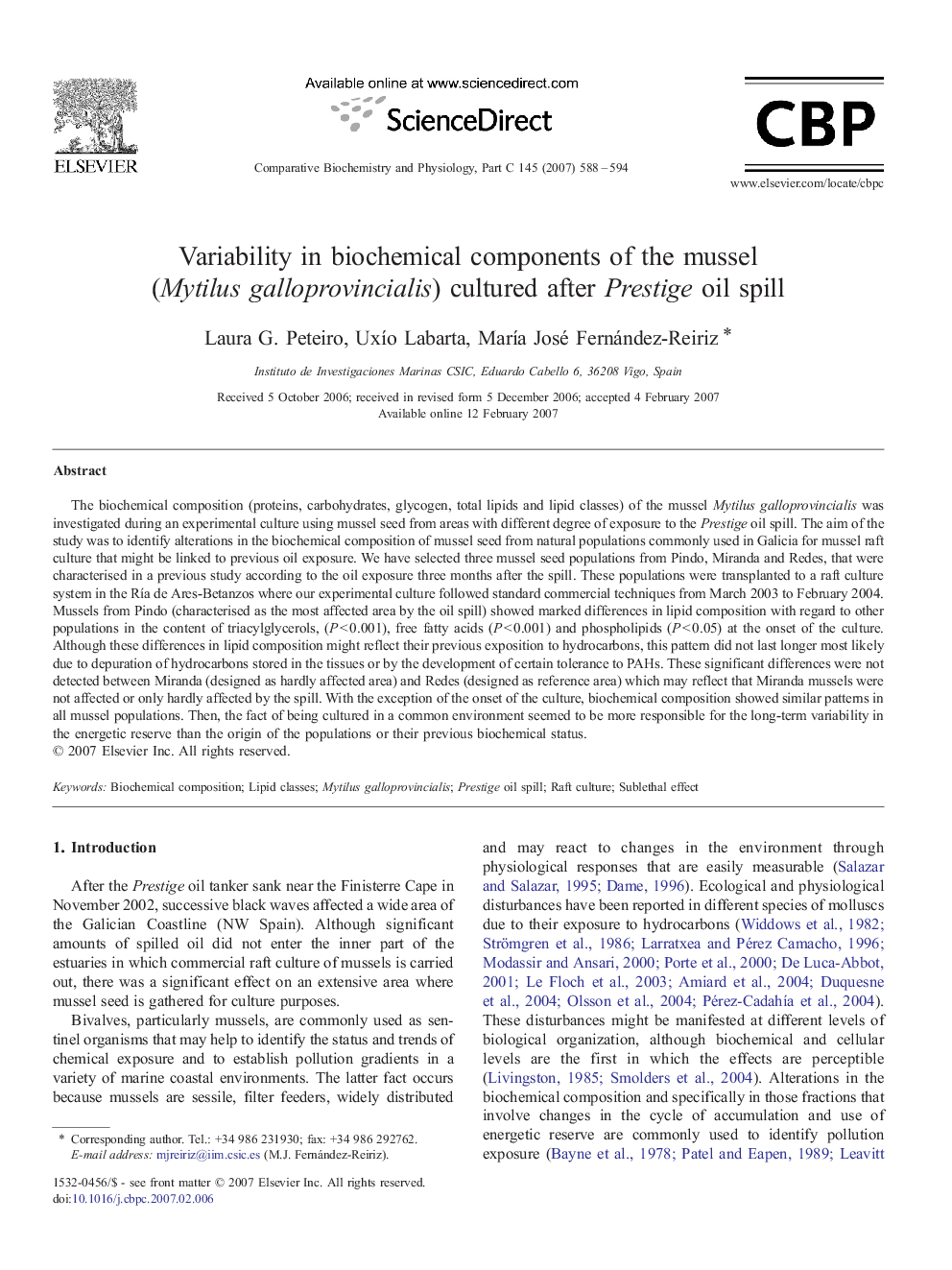 Variability in biochemical components of the mussel (Mytilus galloprovincialis) cultured after Prestige oil spill