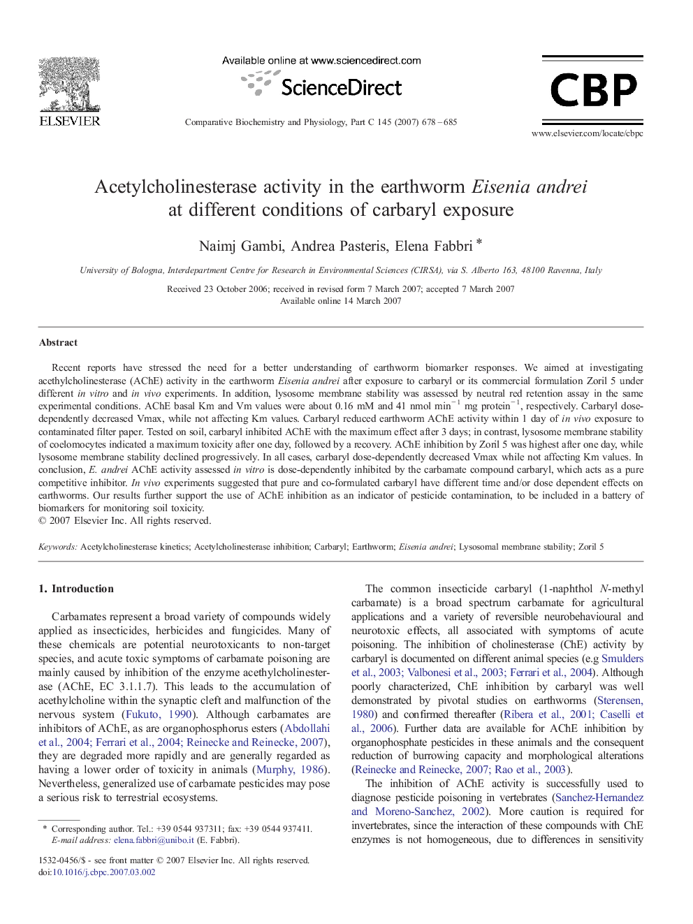 Acetylcholinesterase activity in the earthworm Eisenia andrei at different conditions of carbaryl exposure