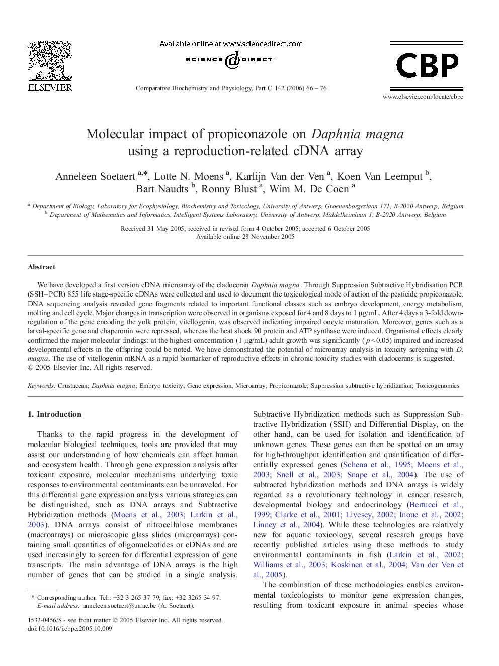 عکس صفحه اول مقاله: Molecular impact of propiconazole on Daphnia magna using a reproduction-related cDNA array Molecular impact of propiconazole on Daphnia magna using a reproduction-related cDNA array