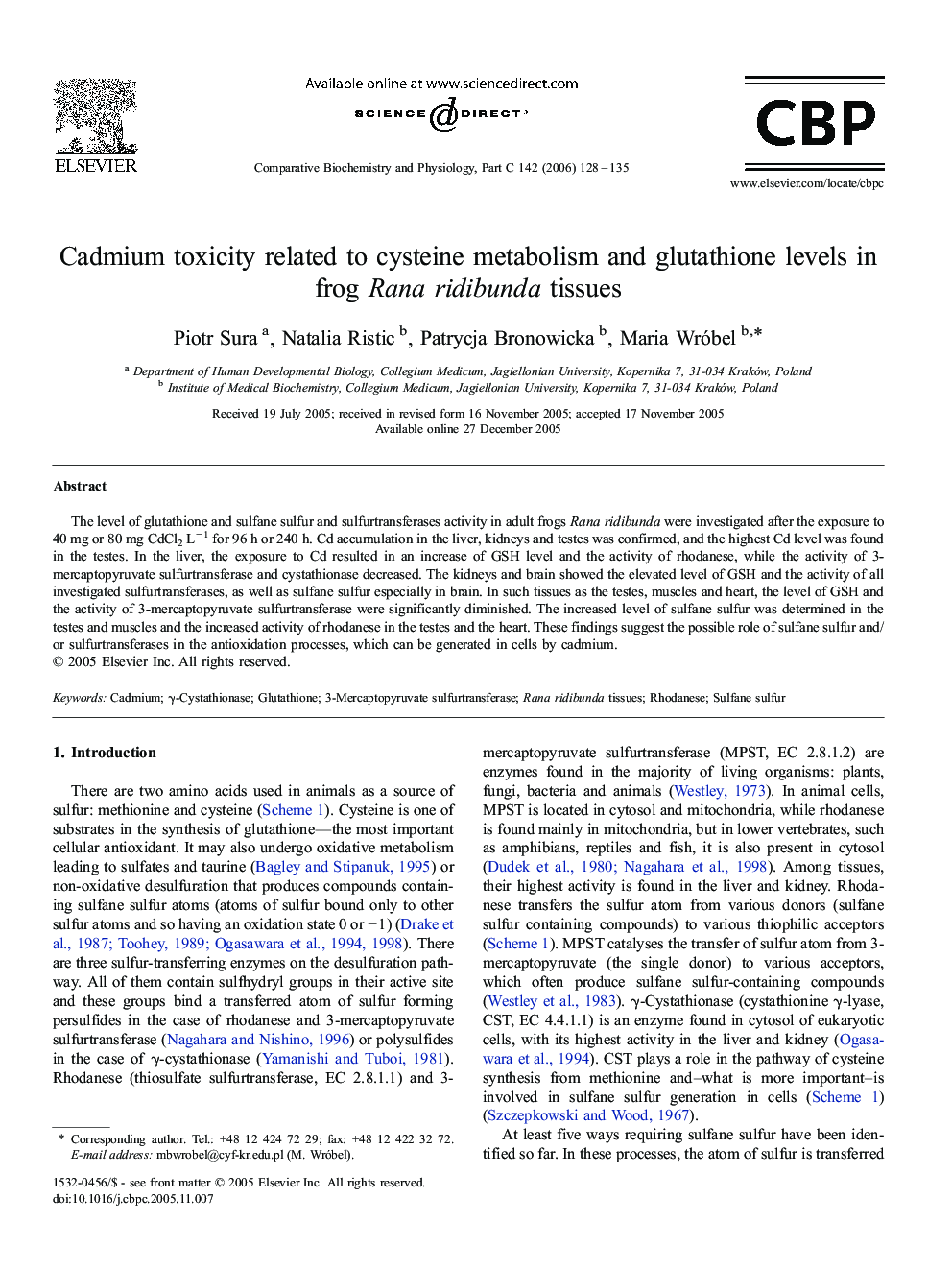 Cadmium toxicity related to cysteine metabolism and glutathione levels in frog Rana ridibunda tissues