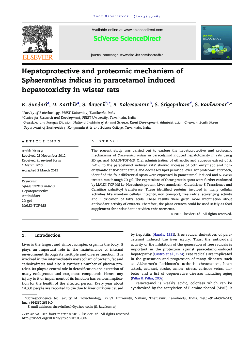 Hepatoprotective and proteomic mechanism of Sphaeranthus indicus in paracetamol induced hepatotoxicity in wistar rats