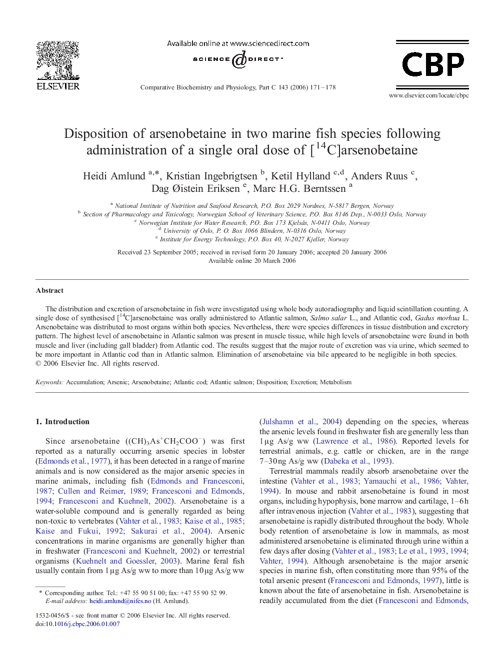 Disposition of arsenobetaine in two marine fish species following administration of a single oral dose of [14C]arsenobetaine