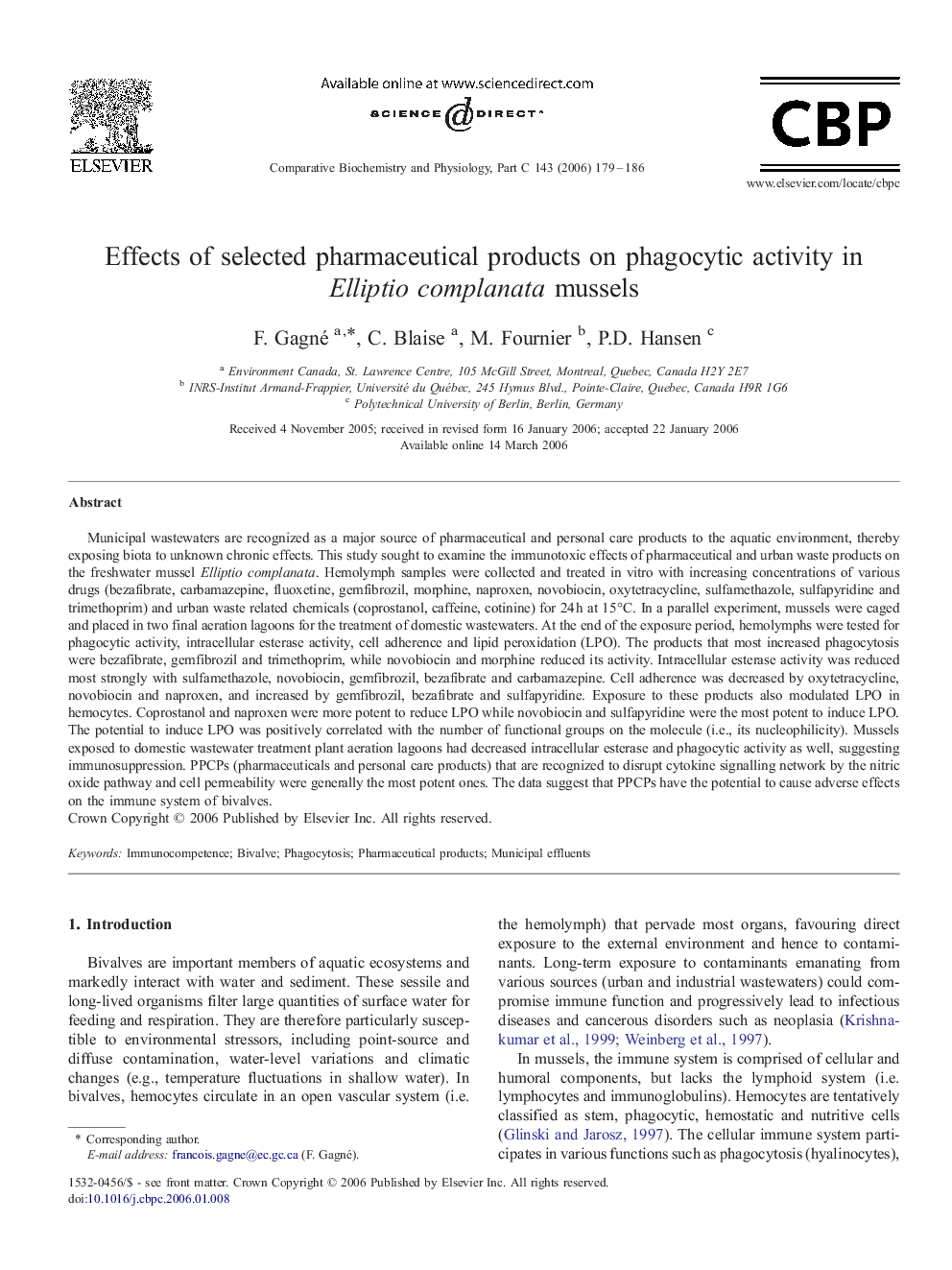 Effects of selected pharmaceutical products on phagocytic activity in Elliptio complanata mussels