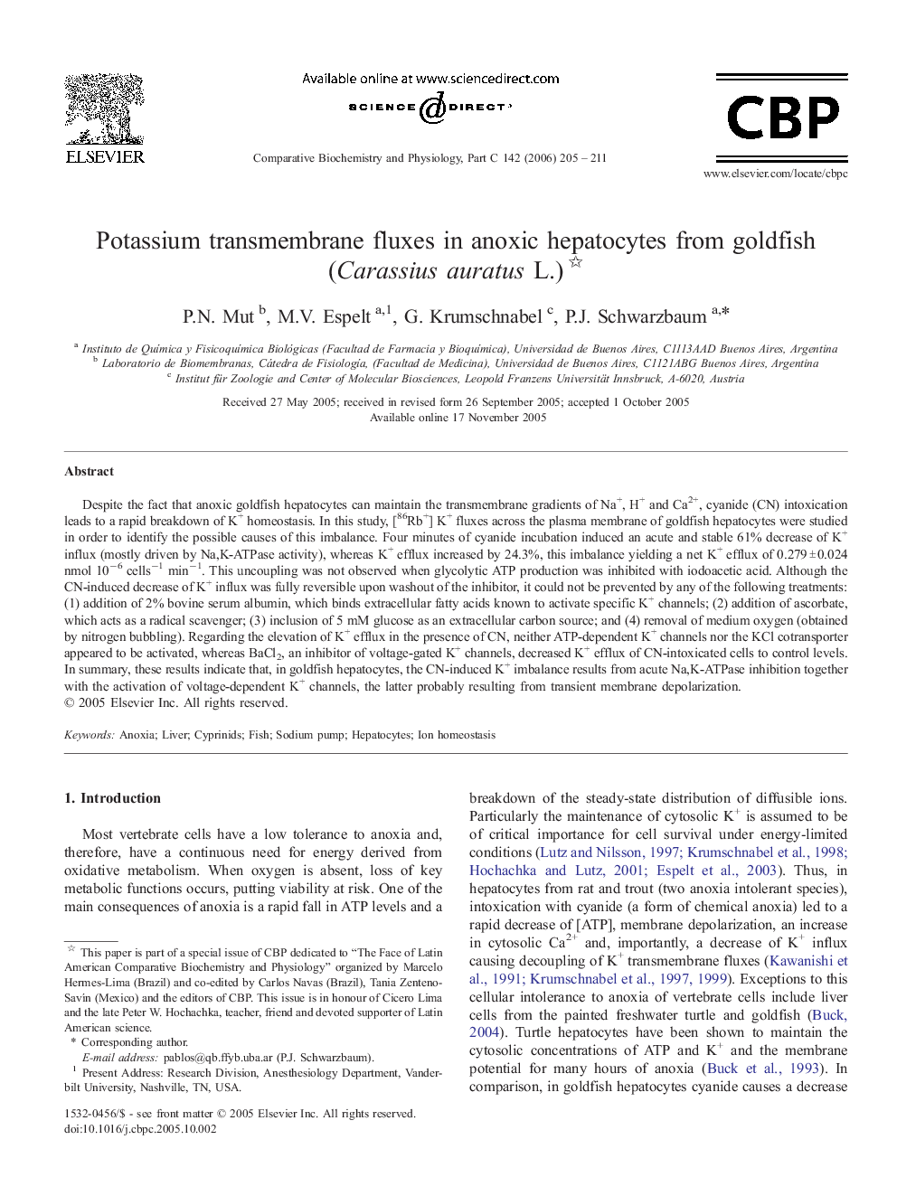 Potassium transmembrane fluxes in anoxic hepatocytes from goldfish (Carassius auratus L.)