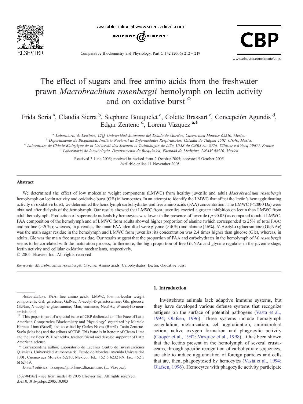 The effect of sugars and free amino acids from the freshwater prawn Macrobrachium rosenbergii hemolymph on lectin activity and on oxidative burst 