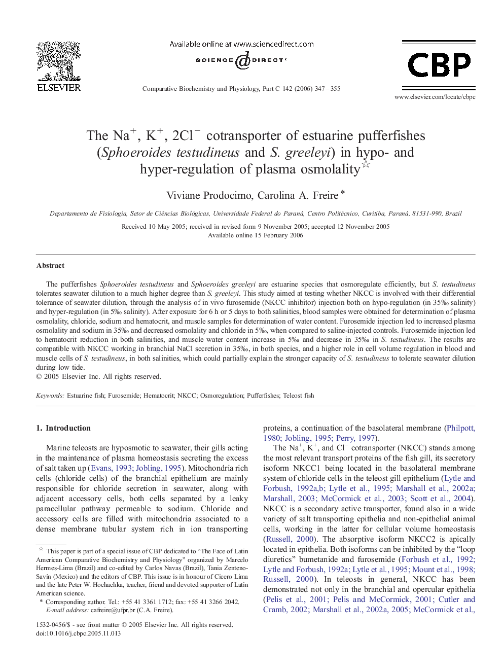 The Na+, K+, 2Cl− cotransporter of estuarine pufferfishes (Sphoeroides testudineus and S. greeleyi) in hypo- and hyper-regulation of plasma osmolality 