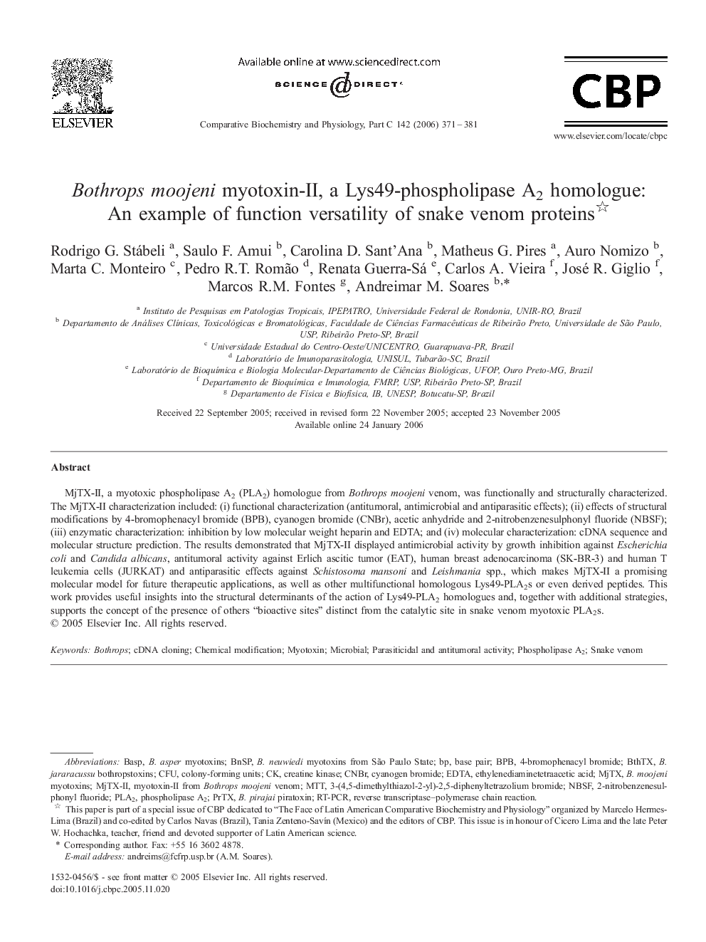 Bothrops moojeni myotoxin-II, a Lys49-phospholipase A2 homologue: An example of function versatility of snake venom proteins 